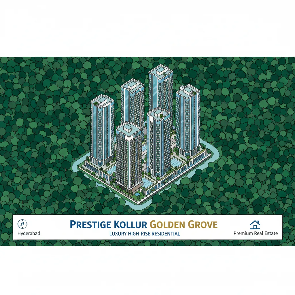 Luxury high-rise residential towers at Prestige Kollur Golden Grove surrounded by dense green forest in Hyderabad