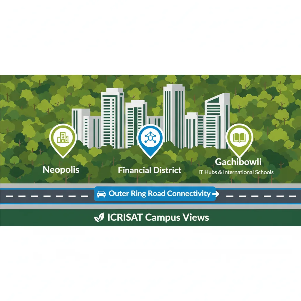 Modern residential towers in Hyderabad with lush green forest views, Outer Ring Road connectivity infographic style
