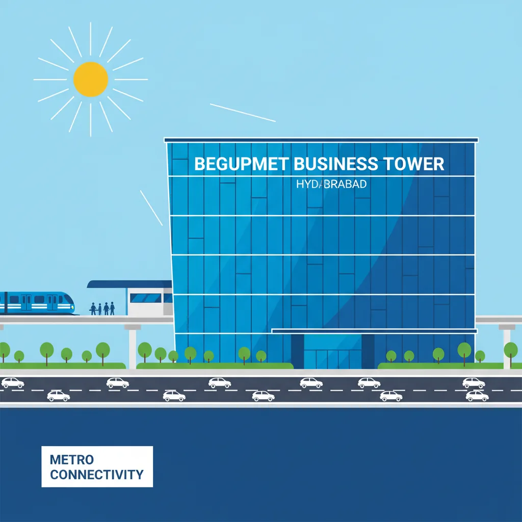 Modern commercial office building exterior in Begumpet Hyderabad, prestigious business center with glass facade