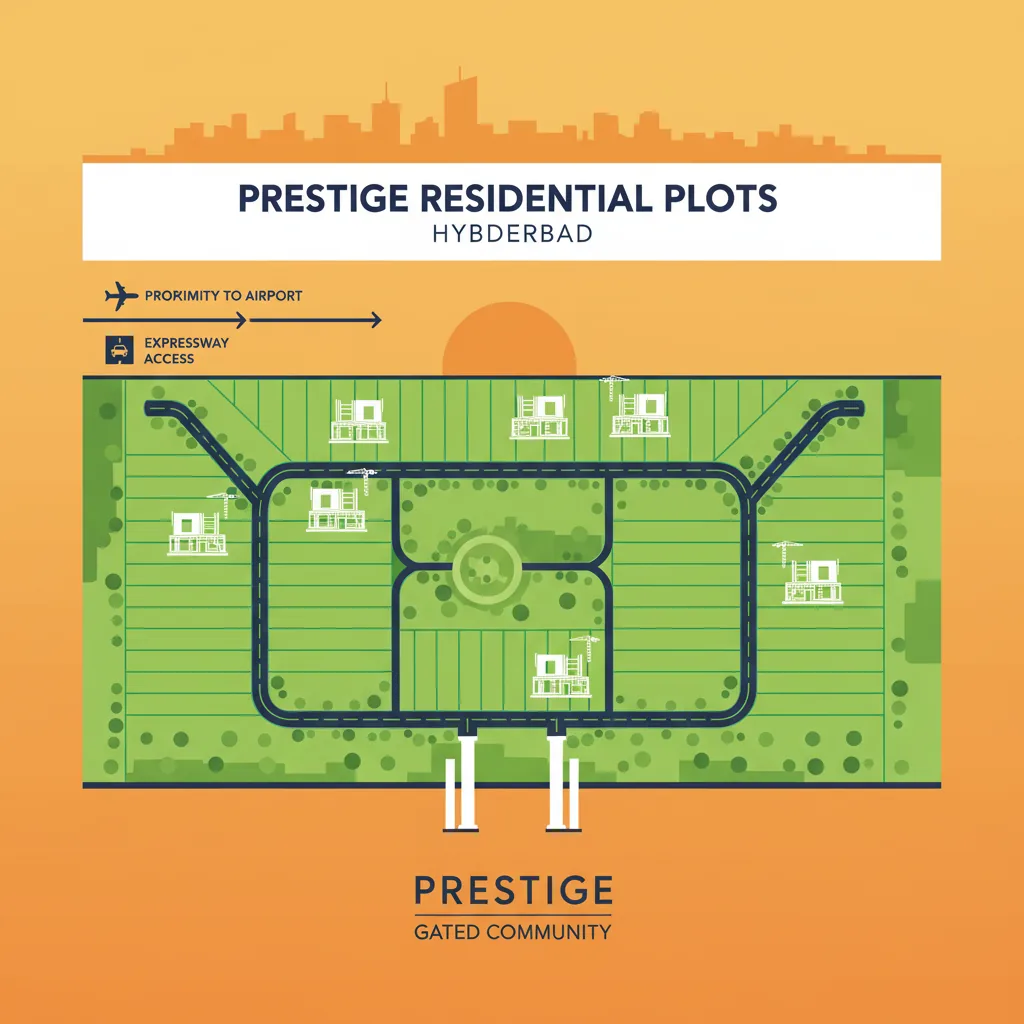 Prestige Plots Hyderabad | Land Buying Guide Aerial view of Prestige residential plotted development in Hyderabad with villa plots, tree-lined roads, and premium gated community entrance
