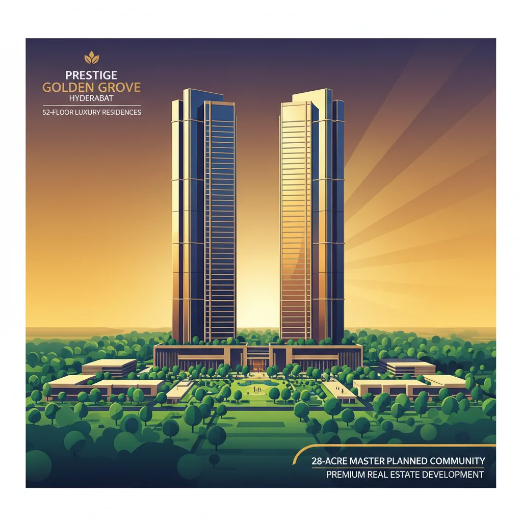 Complete Overview of Prestige Properties in Hyderabad Modern luxury high-rise residential towers at sunset, Prestige Golden Grove Hyderabad, sleek glass architecture with green landscaping, 52-floor skyscrapers, Central Park visible