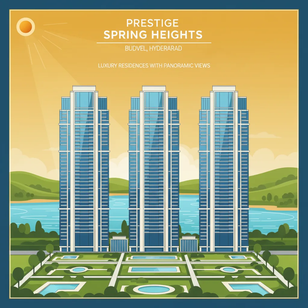Luxury high-rise residential towers at Prestige Spring Heights with panoramic views of Himayat Sagar lake and landscaped gardens