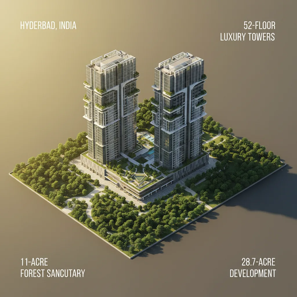 Prestige Tellapur Hyderabad aerial view of luxury 52-floor towers surrounded by 11-acre forest sanctuary