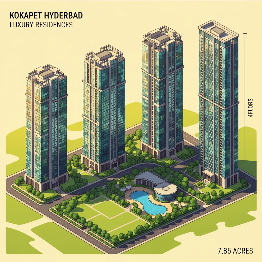 Prestige Tranquil Hyderabad Modern luxury high-rise residential apartment towers at Prestige Tranquil Hyderabad in Kokapet, featuring 4 elegant glass-facade skyscrapers with resort-style amenities