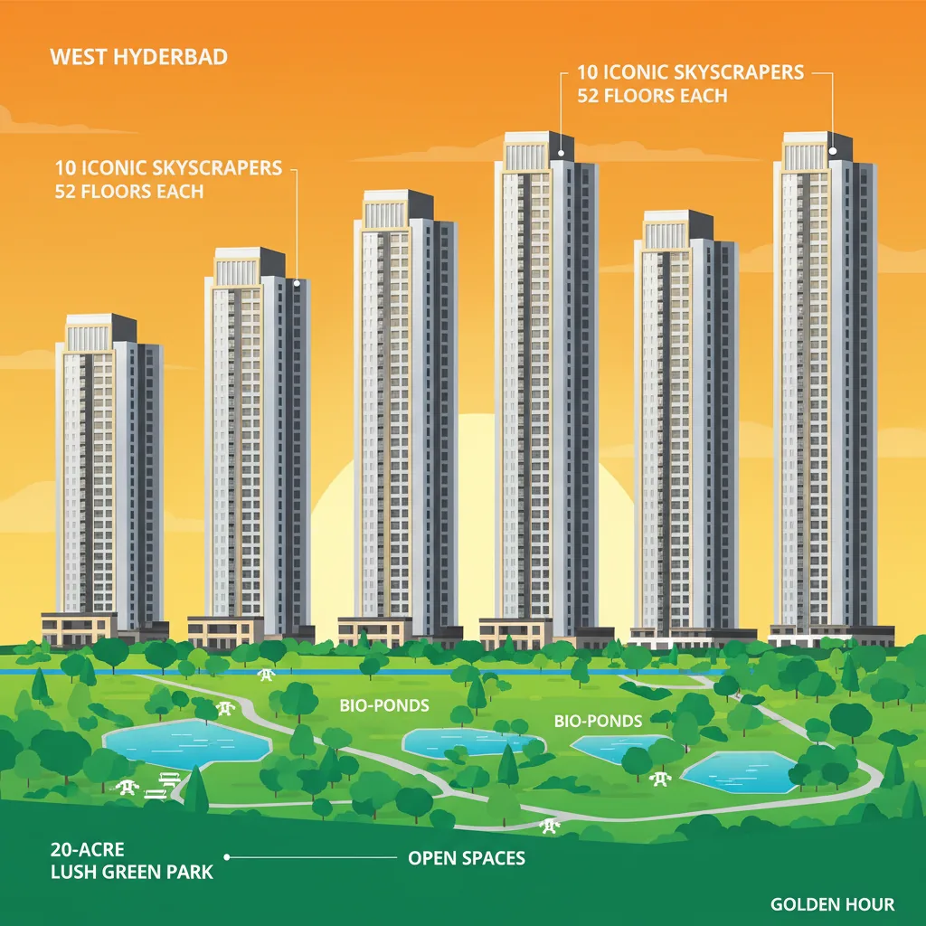 Prestige Upcoming Projects in Hyderabad - Modern luxury residential high-rise towers in West Hyderabad with 52 floors, lush green park, and integrated township design