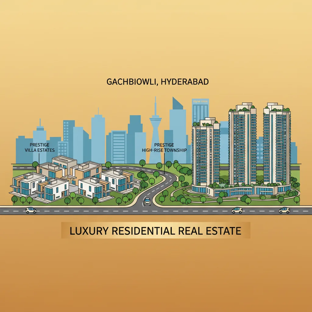 Luxury residential real estate infographic showing modern villas and high-rise township in Gachibowli Hyderabad area featuring Prestige Group architecture