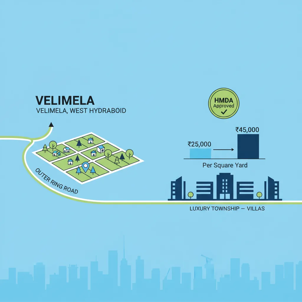 What Is the Price of Land in Velimela? Modern real estate infographic showing land investment in Velimela, West Hyderabad with ORR connectivity, price chart, and luxury township silhouette