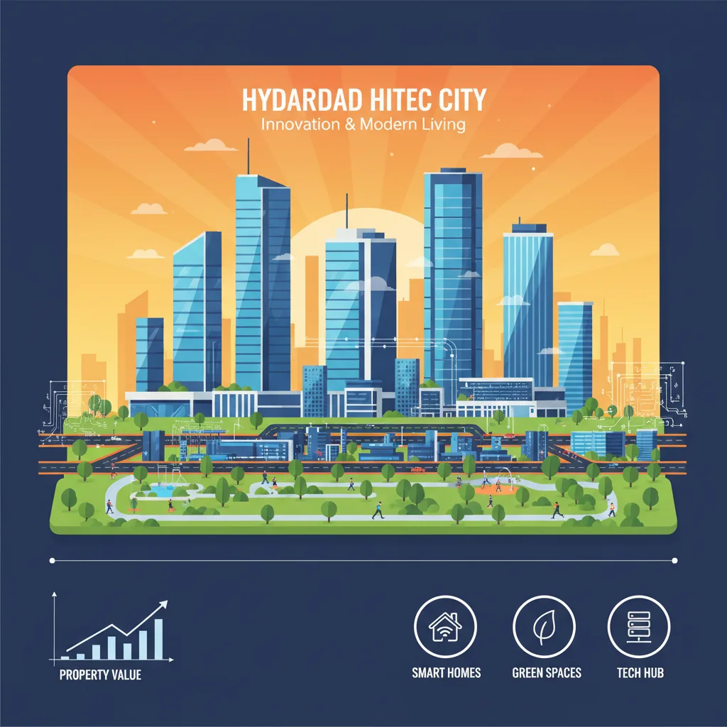 Modern residential towers in Hyderabad HITEC City tech hub at golden hour with sleek glass architecture and lush green parks