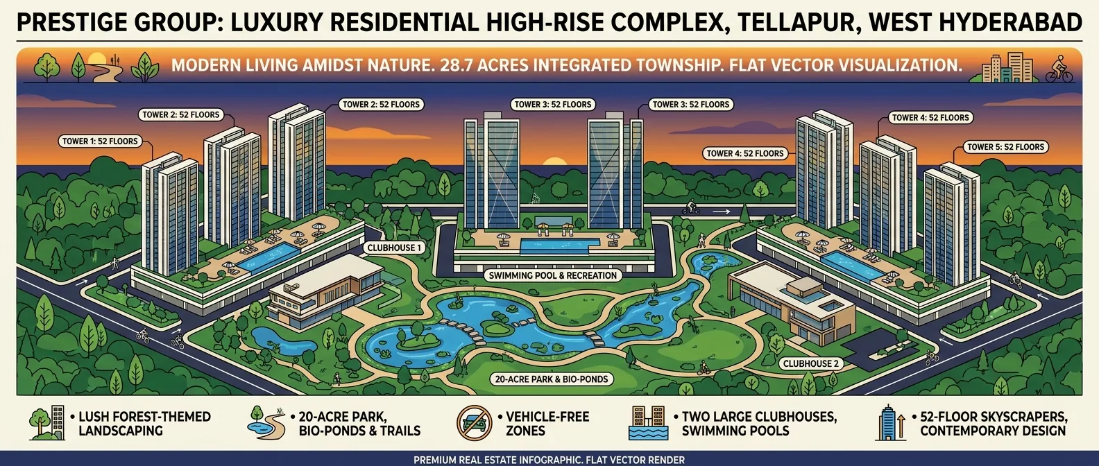 Modern luxury residential high-rise towers in Tellapur, West Hyderabad by Prestige Group with forest-themed landscaping