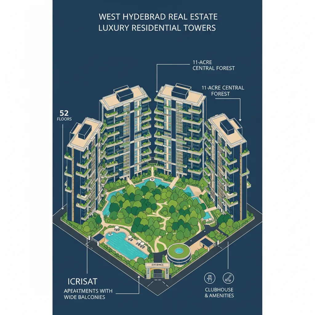 Modern luxury residential towers at Prestige Golden Grove in a forest-themed gated community in Tellapur, Hyderabad with 52-floor high-rise buildings and ICRISAT green belt views