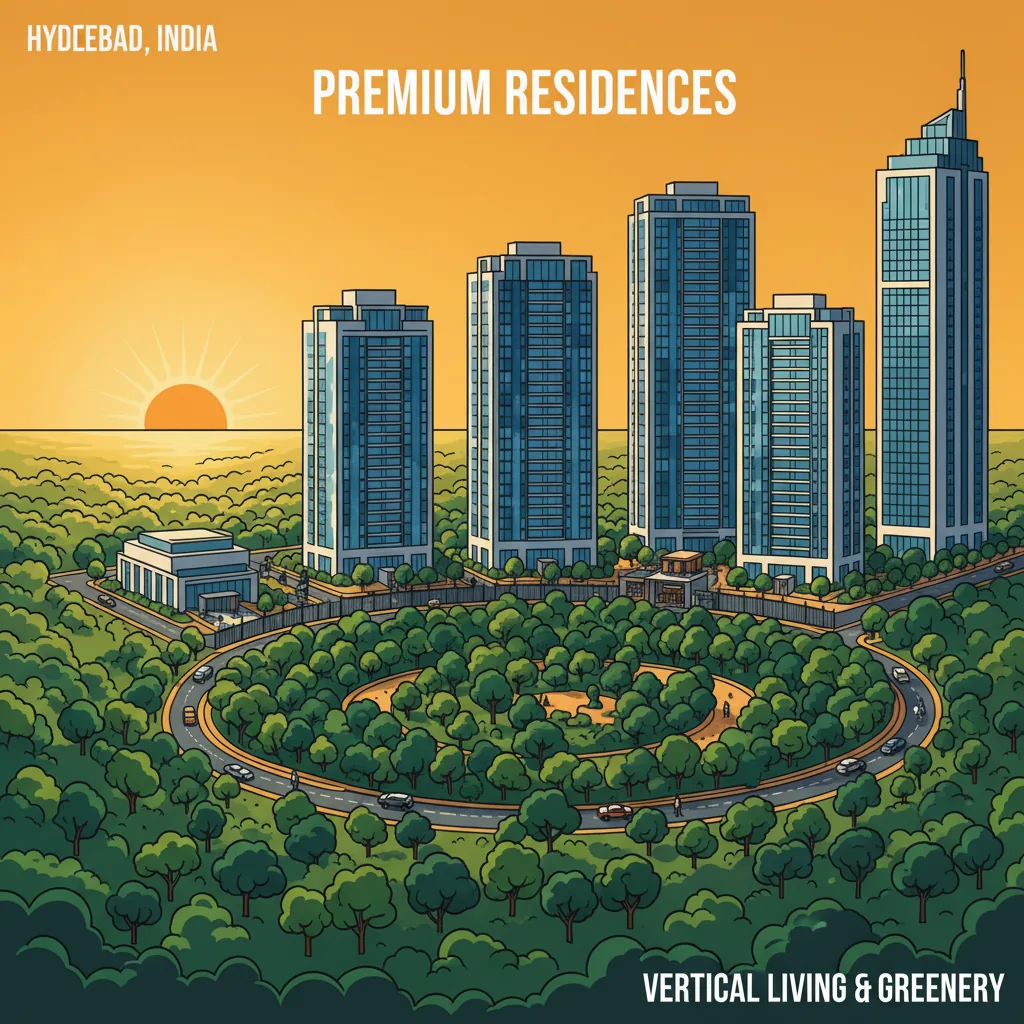 Tellapur gated community flats for sale Hyderabad rent Modern luxury residential towers rising above a lush green forest in Tellapur Hyderabad - Prestige Golden Grove gated community