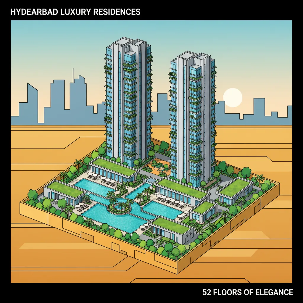 Top 10 Luxury Apartments in Hyderabad Modern luxury high-rise residential towers in Hyderabad featuring 52-floor iconic towers, premium gated community with swimming pools and clubhouses