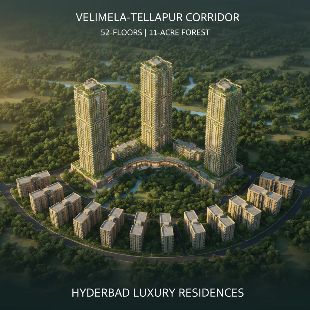 Upcoming developing areas in Hyderabad 2026 Luxury residential towers in Hyderabad's Velimela-Tellapur corridor with central forest and green terraces