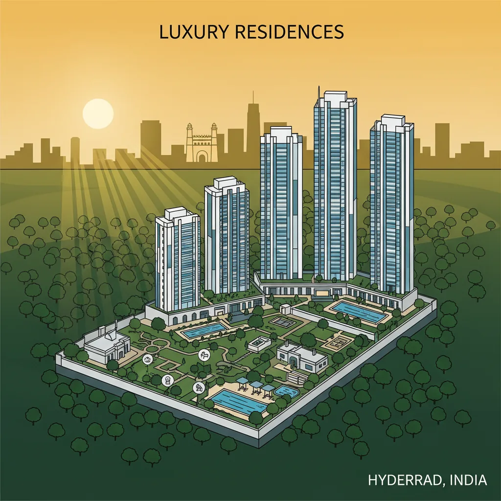 Modern luxury high-rise residential towers rising above a lush green forest landscape in Hyderabad gated community