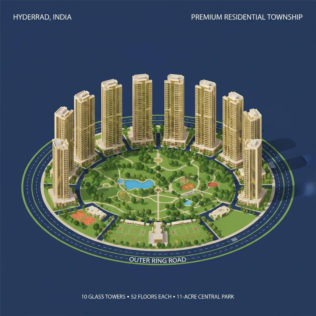 Upcoming Residential Project in Hyderabad 2026 Aerial view of Prestige Golden Grove luxury residential township with 10 glass towers and 11-acre central park in Hyderabad, golden hour architectural visualization