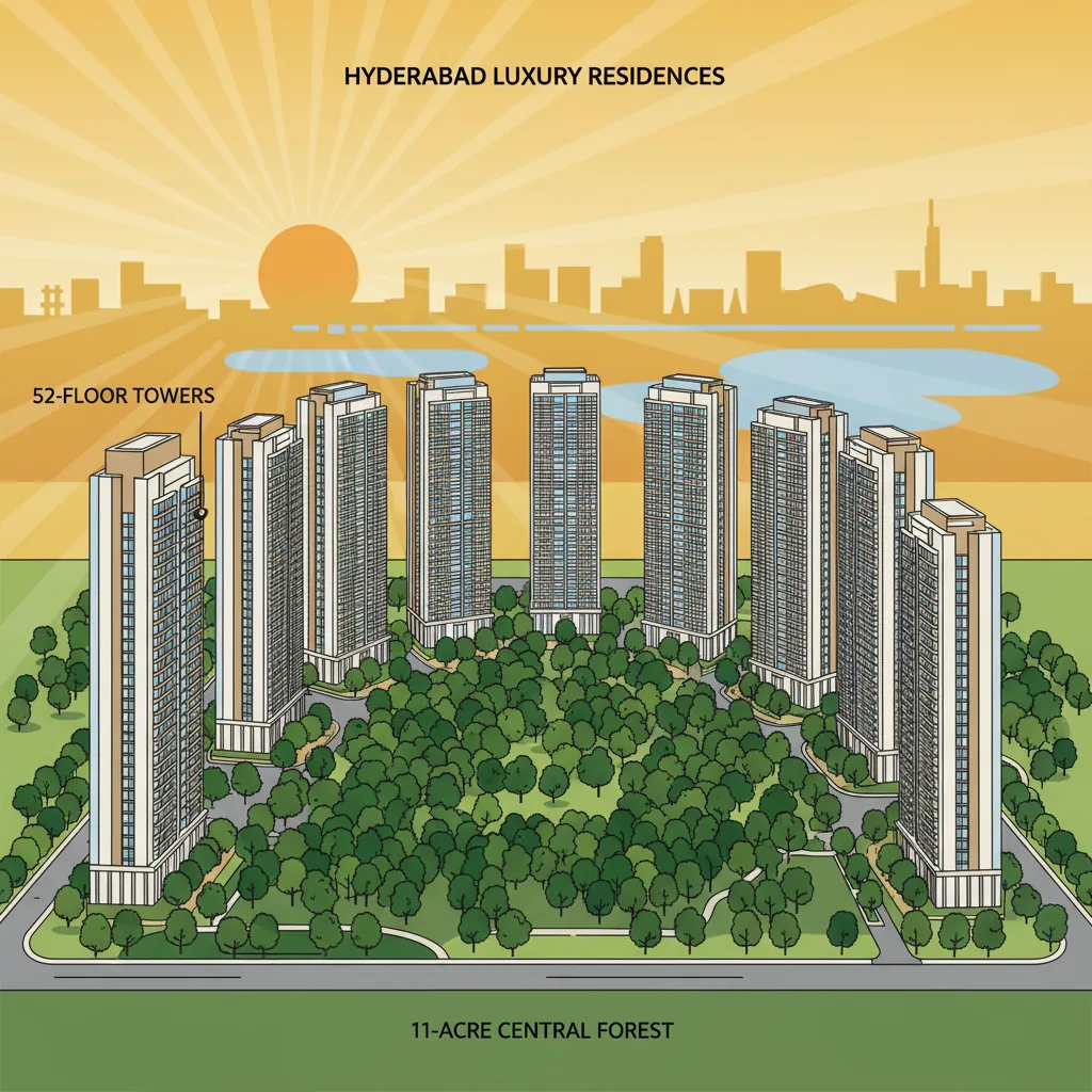 Modern luxury residential towers in a forest setting with 52-floor high-rise buildings surrounded by lush green trees and open space