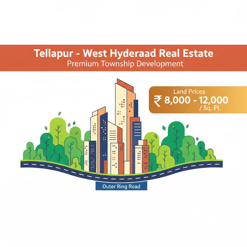 What Is the Price of Land in Tellapur? Modern real estate infographic showing Tellapur land prices in West Hyderabad with luxury residential towers and ORR connectivity