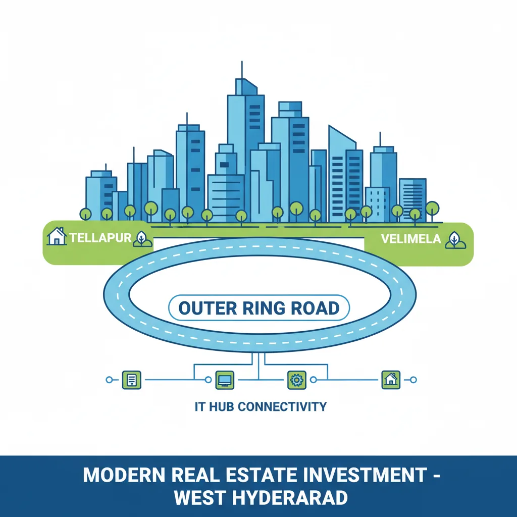 Modern real estate investment infographic showing West Hyderabad skyline with Tellapur and Velimela locations highlighted, featuring residential towers, green spaces, and IT hub connectivity.