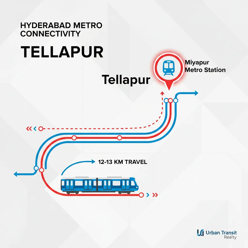 Hyderabad metro connectivity map showing Miyapur Metro Station near Tellapur with Red Line route visualization