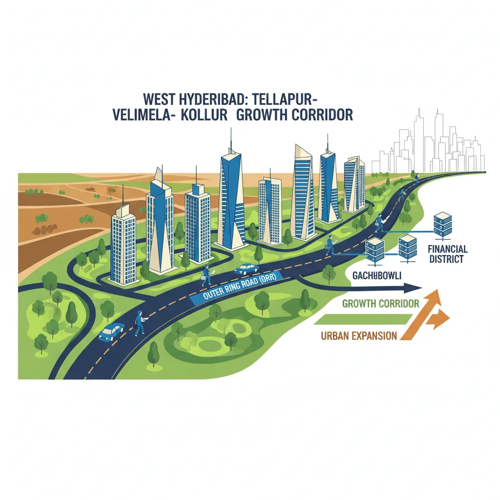 West Hyderabad real estate infographic showing Tellapur-Velimela-Kollur corridor with ORR highway, IT hubs, luxury towers and growth trends
