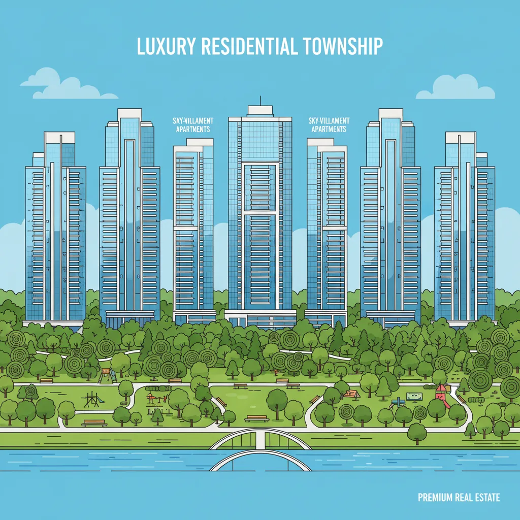 Modern architectural visualization of Prestige Golden Grove luxury high-rise towers rising above lush green forest landscape