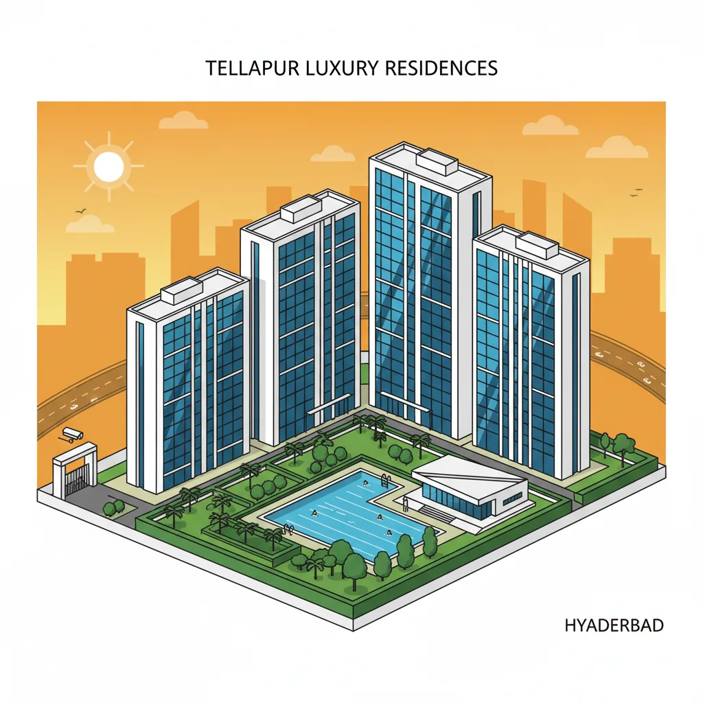 Modern luxury gated community in Tellapur, Hyderabad with high-rise apartments, landscaped gardens and swimming pool