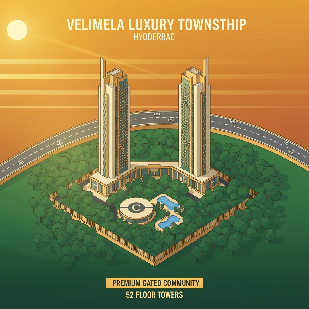Modern luxury residential township in Velimela Hyderabad with aerial view of high-rise towers and green forest-themed landscape